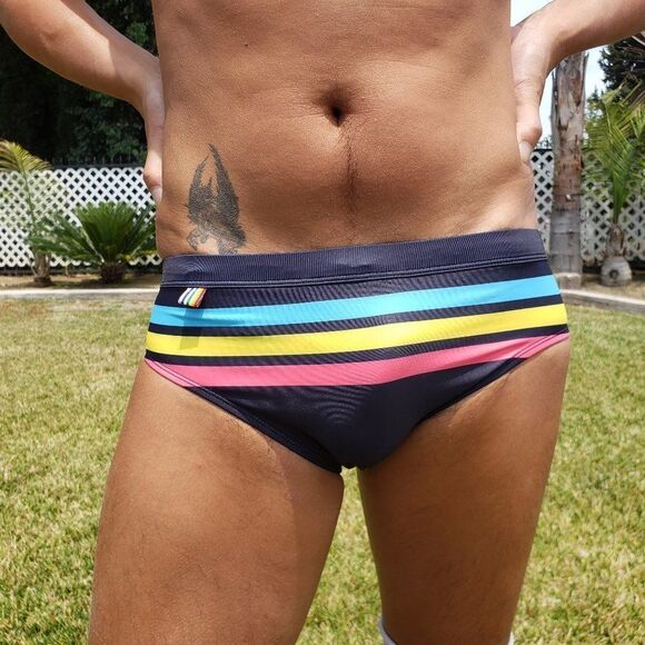 Men's Sexy Swimwear Low-Rise Striped Briefs Resort Beach Pool Party Black L - Picture 2 of 6